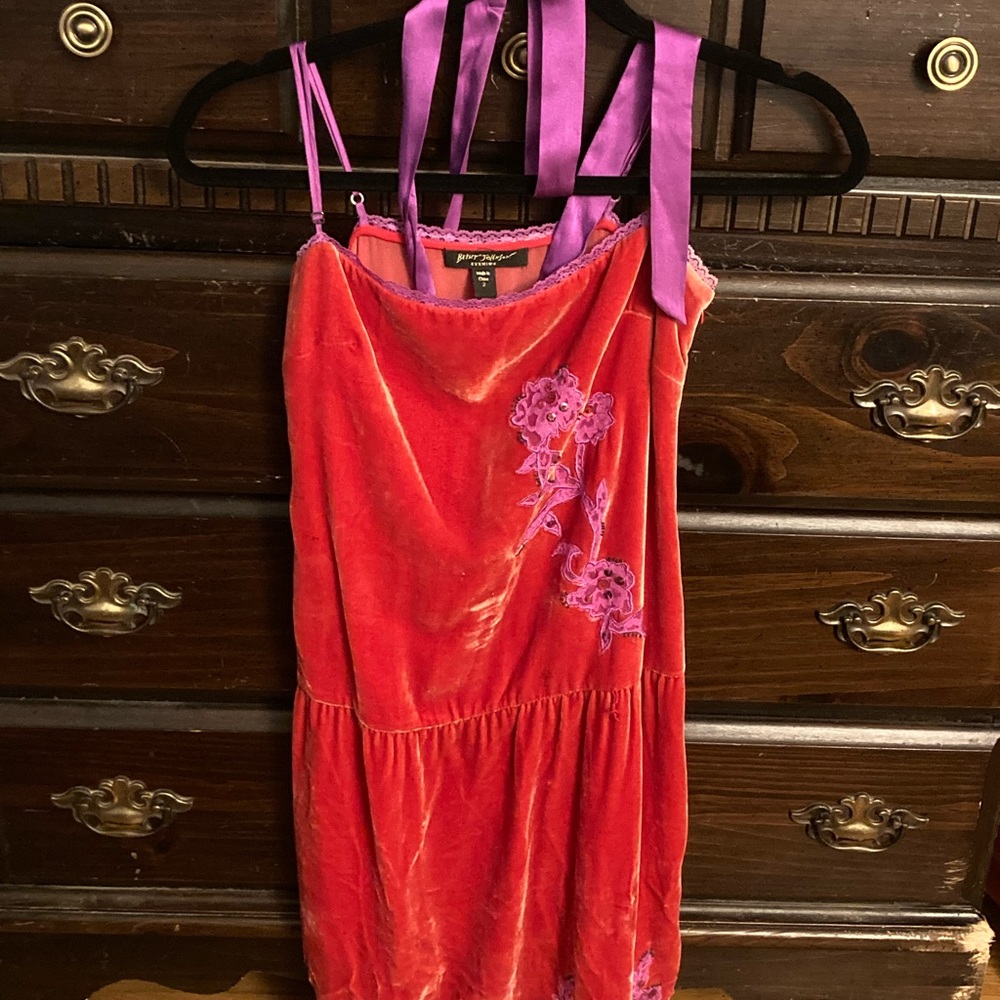 Betsey Johnson Dress : Size 2 : red velvet with pink flower detail and straps
